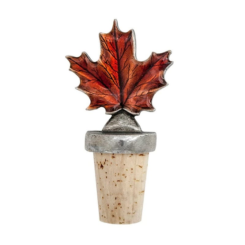 Danforth Maple Leaf Fall/Autumn Bottle Stopper, Pewter, Natural Cork - Handcrafted, Made In USA - Image 1